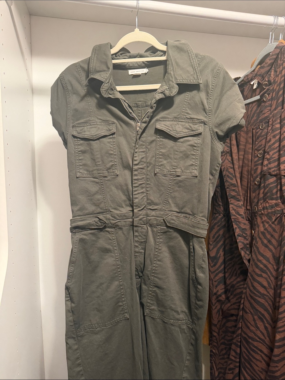 Good American Olive Short-Sleeve Utility Jumpsuit